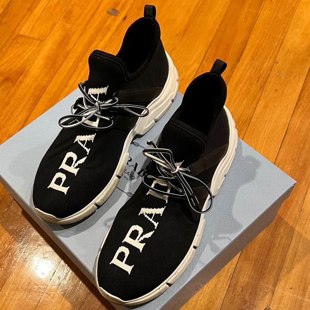 Prada slip on sneaker Calzature Donna black and white athletic shoe Knit 5